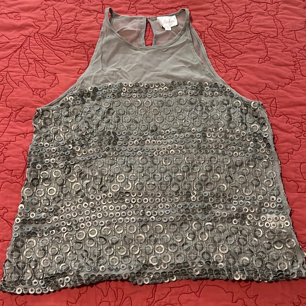 Parker Leather Beaded Embroidered Detail Gray Tank